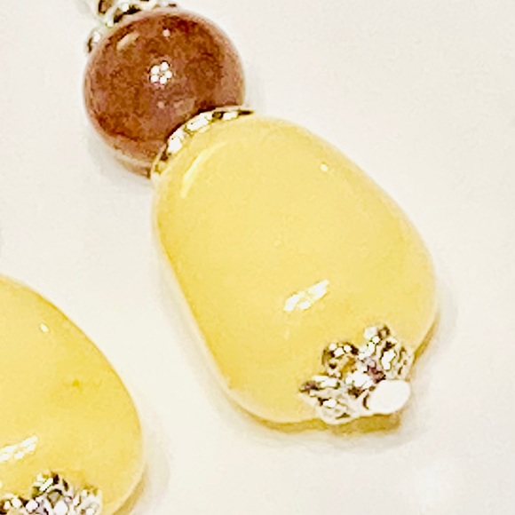 Light Yellow Jadeite & Brown Indian Agate Stone Drop Boho Style Earrings - Picture 8 of 9